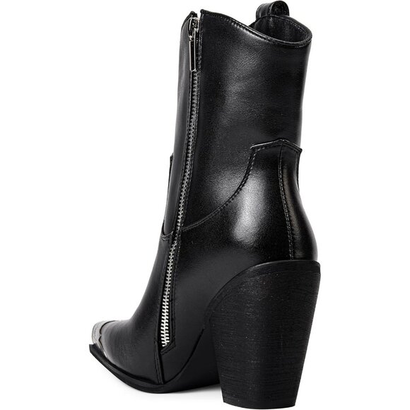 🆕Women Black Western Ankle Boots Metal Toe Booties Stacked Block Heeled Shoes - Picture 4 of 5